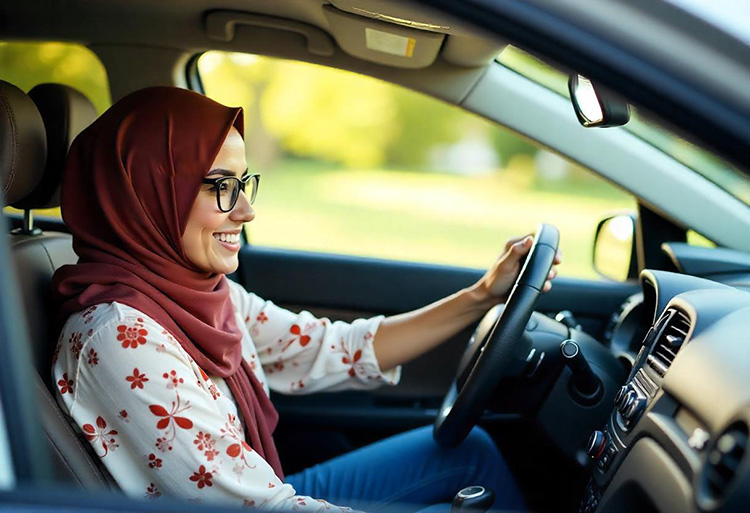 امرأة شابة في سيارتها.